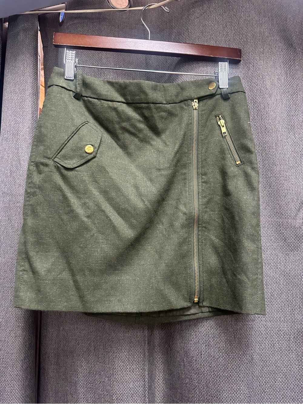 J. Crew Olive Green Zip-Front Mini Skirt with Pocket Detail